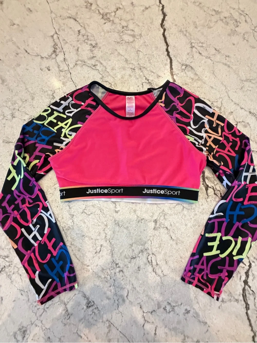 Justice Sport Girls Long Sleeve Cropped Swim Rash Guard / Active Top L